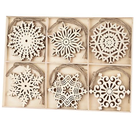 PRICES MAY VARY. ❄30 Pieces Wooden Snowflakes: 6 different shapes of 4 inch large delicate wood snowflakes, 5 of each. Perfect Christmas tree ornaments. ❄Unfinished Natural Wood: These wooden snowflake shapes are made of unfinished wood, lightweight and durable. Sanded smooth surface, great for painting, staining or glittering. ❄Hollow Out Wood Snowflake Slices: Snowflakes ornaments are carved delicate, great for winter Christmas themed party and rustic farmhouse tree decoration. ❄Great Gift ide Nordic Christmas Tree Decorations, Christmas Tree Wooden Decorations, Kid Ornament Craft, White Theme Christmas Tree, English Cottage Christmas Decor, Lds Primary Christmas Gifts, Norwegian Christmas Decorations, Woodland Christmas Decorations, Wood Snowflake Ornaments