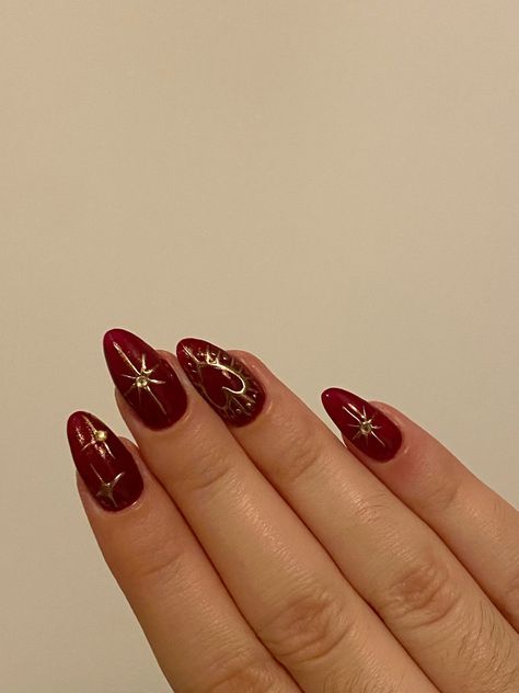 #BEAUTY, #RELATIONSHIPS #Fashion #Animals #Outfits #Winter Outfits #Animals Cherry Burgundy Nails, Dark Red Nails Gold Accent, Red Cherry Nail Art, Red Nails With Gold Stars, Dark Cherry Red Nail Designs, Cherry Red Nails Design, Red Gold Nails Design, Red Nails With Stars, Cherry Red Nail Designs