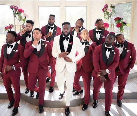 Ozna Weddings + Events on Instagram: “The groom & his squad! giving us groomsmen inspiration👌🔥 . 📸 @parisaudreyphotography . . Follow @oznaevents �• Double tap if you 💕ing this…” Tuxedo Wedding Groomsmen, Black People Weddings, White Tuxedo Wedding, Crimson Wedding, Groom And Groomsmen Suits, Old Hollywood Wedding, Red And White Weddings, Red Bridal Dress, Red Wedding Theme