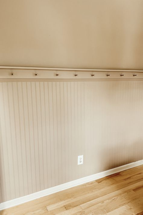 Boarded Accent Wall, Beadboard Wall Height, Beadboard Mudroom Ideas, Picture Ledge Trim, Beadboard Molding Ideas, Pine Beadboard Walls, Cottage Wall Paint, Bead Board And Batten Wall, Vintage Beadboard Walls