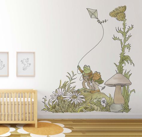 This beautiful frog and toad decal has a size of 87" (width) x 100" (height).  We accept custom sizes to fit your wall. Please contact us for more information. Quick and easy peel and stick installation. Can be easily repositioned and removed if needed. We strongly recommend applying the decals at least 6-8 weeks after painting.  The wall must be flat, dry and clean (free of dust).  The material may not stick well to textured, acrylic paint and newly painted wall.  Printed with Eco-solvent ink o Frog And Toad Decor, Frog And Toad Nursery Theme, Frog And Toad Nursery, Frog And Toad Embroidery, Book Themed Nursery, Frog Nursery, Flying Kite, Whimsical Nursery, Nursery Wall Murals