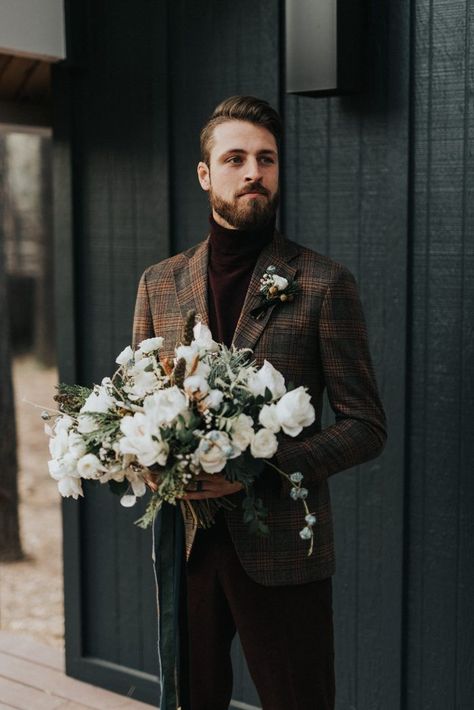 12 Stylish Grooms to Copy for Your Wedding Day Look | Junebug Weddings | Groom's Look Unique | Unique Outfit Groom | Wedding Look Unique Groom | Groom's Unique Suit | Winter Wedding Tuxedo, Winter Wedding Bouquet Evergreen, Small Winter Wedding Ideas, Winter Bouquet Wedding, Elegant Cabin, November Wedding Flowers, Dolomites Wedding, Winter Wedding Florals, November Wedding Colors