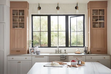 Types of Kitchen Windows | Pella Pella Impervia Windows, Large Kitchen Window, Window Over Sink, Kitchen Bay Window, Kitchen Window Design, Window Grids, Pella Windows, Double Hung Windows, Farmhouse Windows