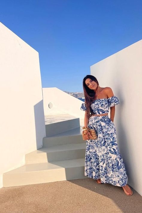 Greece Blue Outfit, Santorini Holiday Outfits, Blue White Dress Outfit, Outfits Ideas For Greece, Milos Greece Outfit, Greek Night Outfit, Holiday In Greece Outfits, Greece Outfit Ideas Women, Outfit For Greece Vacations