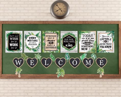 PRICES MAY VARY. What you can get: You'll recieve 13PCS simply boho motivational posters,includes 7 letters of W-E-L-C-O-M-E, 6 pieces quote posters.Also, we provide 60pcs glue points to help you to put theme onto wall easily. Teaching function: the classroom inspirational poster set has motivational quotes and chic green leaves patterns that help the students to enhance a positive attitude; Providing a delightful visual reference for early learners. Easy to use: each sheet of classroom poster i Green Theme Classroom Decoration, Green Classroom Decor Theme, Green Board Decoration Ideas For School, Green Bulletin Board Ideas, Eucalyptus Bulletin Board, Jungle Library, Green Classroom Decor, Greenery Classroom, Office Bulletin Board Ideas