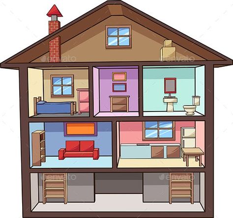 Cartoon House Interior by memoangeles | GraphicRiver Animated House Drawing, Cartoon House Interior, Attic Drawing, Interior Vector, Home Gym Design Garage, Bathroom Cartoon, House Architecture Styles, Interior Floor Plan, House Cartoon