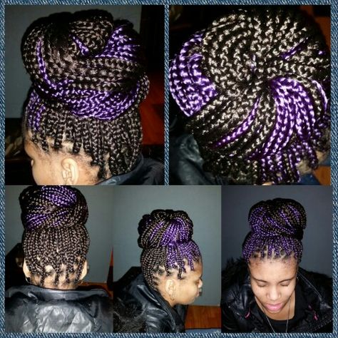 Box braids in a top bun with purple highlights Box Braids With Purple Highlights, Braids With Purple Highlights, Box Braids With Purple, Braids With Purple, Box Braids Bun, Colored Weave, Top Bun, Braids Styles, Purple Highlights