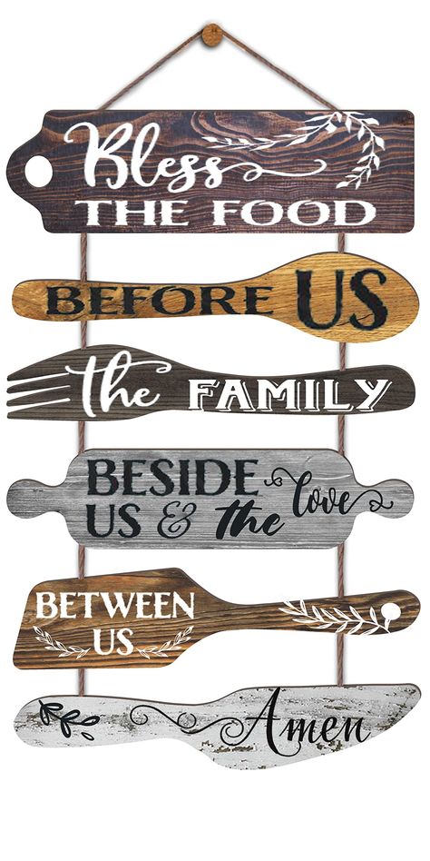 PRICES MAY VARY. SUITABLE SIZE AND RICH CONTENT : Such Vintage Plaque measures about 11.2 inches in width and 24 inch in height when hanging up. Each panel about 13.8x3.2 Inches. Various shaped kitchen tools found with priting. FARMHOUSE KITCHEN DECOR: Consists of 6 piece cut out collage plaques with pop saying: bless the food before us, the family beside us, and the love between us, Amen. Remember daily prayer before meal,very devoutly thank God for the food,cherish food and love each other. Di Wooden Kitchen Signs, Farmhouse Kitchen Wall Decor, Farmhouse Kitchen Wall, Rustic Kitchen Wall Decor, Country Farmhouse Kitchen Decor, Bless The Food Before Us, Collage Wall Art, Bless The Food, Dining Room Wall Art