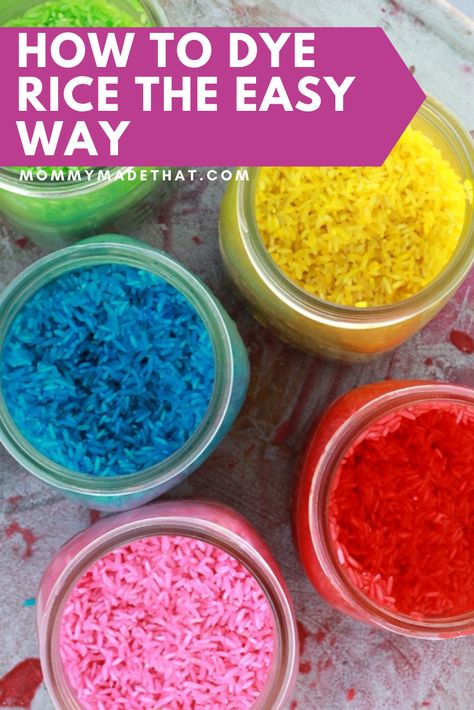 How To Color Rice With Food Coloring, Dye Rice Food Coloring Sensory Play, Sensory Rice Food Coloring, How To Dye Rice With Food Coloring, How To Make Colored Rice For Sensory Bin, Coloring Rice With Food Coloring, Dye Rice Food Coloring, Dying Rice For Sensory Bin, How To Dye Rice