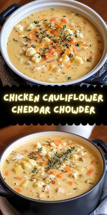 This creamy Chicken Cauliflower Cheddar Chowder combines wholesome vegetables, tender chicken, and a rich, cheesy broth for a cozy, hearty meal. Cauliflower With Chicken Recipes, Chicken Chowder Recipes, Chicken Cauliflower Recipes, Chicken And Cauliflower Recipes, Chicken Cauliflower Rice Soup, Creamy Chicken And Cauliflower, Chicken Cauliflower Soup, Cauliflower Chicken Soup, Cheddar Chowder