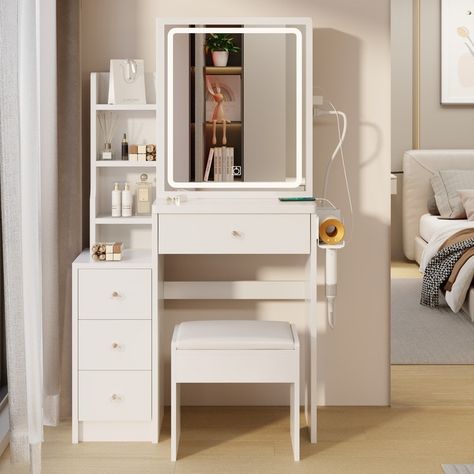 Designed by young designers from New York school of Interior Design won the American Furniture Design Award in 2023. with an American design patent, it is simple, fashionable, and aesthetically pleasing. White Vanity Desk With Drawers, Diy Vanity Table, White Vanity Desk, Cabinet Vanity, Mirror Lights, Dressing Table Design, Light System, Small Bedrooms, Girls Rooms