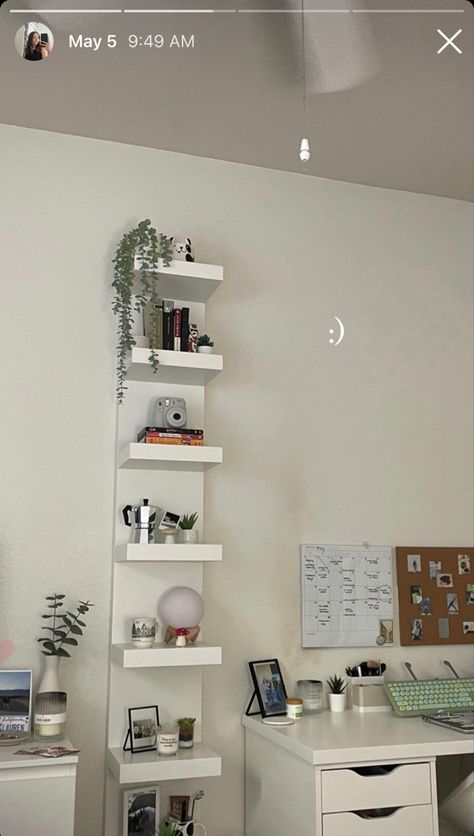 Renting Room Ideas, Room Ideas Bookshelves, Bedroom Ideas Shelves, Small Square Bedroom Ideas, Ikea Shelf Decor, Basic Aussie Girl Room, Shelf Ideas For Bedroom, Shelf Decoration Ideas, Room Decor Small Bedroom