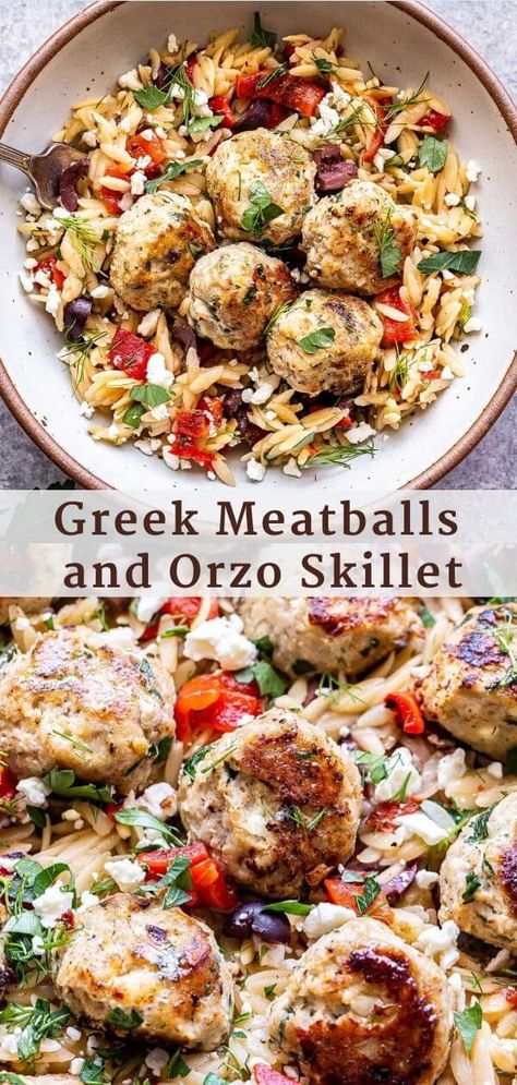 Turkey Feta Meatballs With Orzo, Ground Turkey Beef Recipes, Kept Dinner Ideas, Greek Meatballs And Orzo Skillet, Meatballs Meals Dinners, Easy Delicious Weeknight Dinners, Healthy Dinner With Meatballs, Lean Easy Meals, Weeknight Dinner Easy Families Healthy