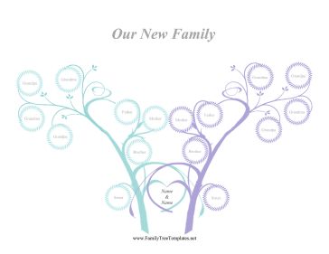 Perfect for weddings, this printable family tree features two beautiful trees intertwining their roots and sharing family members. Free to download and print Blended Family Tree Template, Family Tree Template Aesthetic, Printable Family Tree, Blending Families, Family Tree Printable, Vowel Renewal, Family Tree Designs, Blended Families, Tree Projects