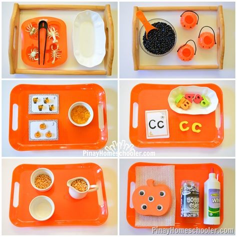 HalloweenPIN Montessori Jobs, Halloween Activities For Toddlers, Montessori Trays, Halloween Themed Activities, Halloween Crafts Preschool, Montessori Lessons, Lesson Plans For Toddlers, Fall Preschool Activities, Fall Lessons