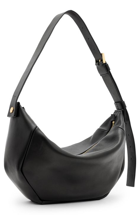 Rich leather and a geometric silhouette add luxe elements to a spacious shoulder bag fashioned with an adjustable strap for comfortable wear. Top zip closure Adjustable shoulder strap Interior wall pocket Cotton lining Leather Imported Allsaints Bag, Grey Shoulder Bag, Shoulder Strap Bag, Black Leather Handbags, Fancy Pants, Fabric Gift Bags, Interior Wall, Leather Hobo, All Saints