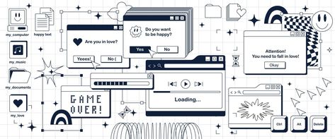 The black-and-white interface of an old computer of the 90s, 2000s. Retro desktop pc. Windows and desktop icons Old Computer, Desktop Icons, Computer Icon, Pc Windows, Old Computers, 90s 2000s, Desktop Pc, The 90s, Vector Art