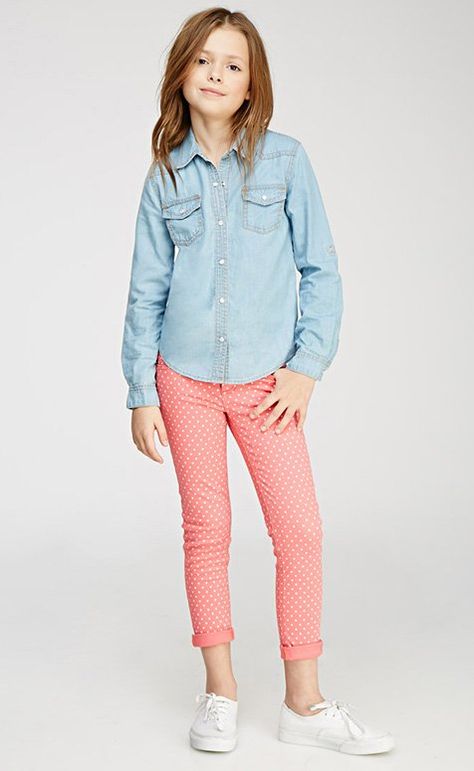 Pin for Later: This Is Not What We Were Expecting From a Forever 21 Kids' Line  Chambray Western Shirt ($18) Polka Dot Skinny Jeans ($18) Forever 21 Kids, Junior Girls Clothing, Shop By Outfit, Preteen Clothing, Kids Clothes Patterns, Forever 21 Girls, Were Expecting, Kids Line, Outfits Dress