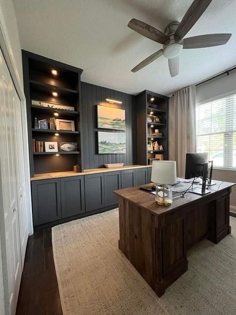 Modern Home Office Built Ins, Black Office Built Ins With Desk, Hunting Office Ideas, Home Office Wood Paneling, Built In Bookshelf Office, Man Office Decor At Work, Modern Office Built Ins, Dark Moody Home Office, Moody Study Room