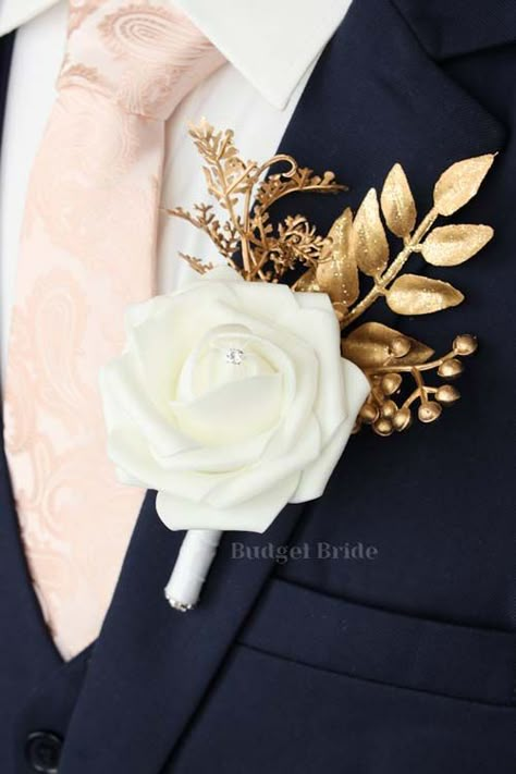 White And Gold Wedding Themes, Gold Wedding Bouquets, Gold Corsage, Gold Wedding Flowers, Prom Corsage And Boutonniere, Gold Bouquet, Gold Foliage, Artificial Wedding Flowers, Red Bouquet Wedding