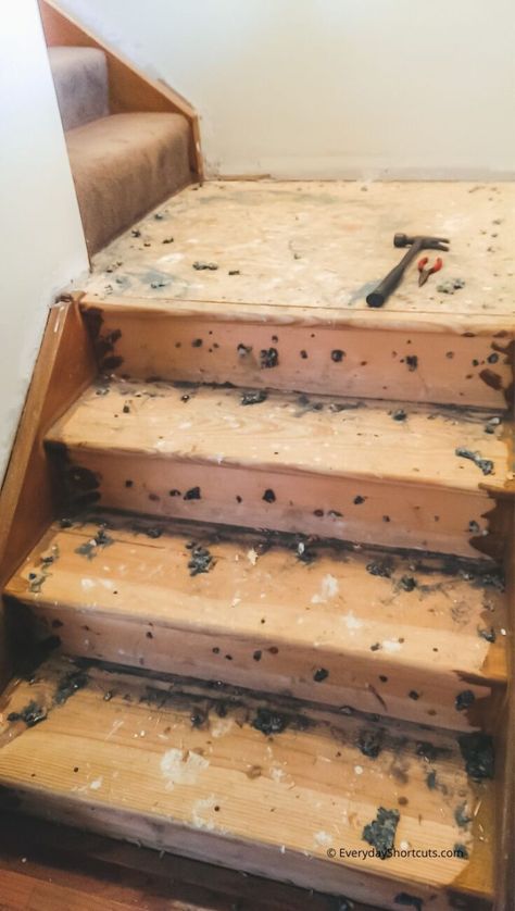 How To Fix Cracked Wood Floor, Unique Stairs Design, From Carpet To Wood Stairs, Stair Landing Flooring Ideas, Simple Stairs Renovation, Best Stairs Makeover Ideas, Easy Stairs Makeover, Diy Stairs Makeover Cheap, Stairs Remodeling