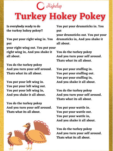 Turkey Hokey Pokey Lyrics– Thanksgiving | HighClap Turkey Pokey Song, Thanksgiving Movement Activities For Preschool, Thanksgiving Nursery Rhymes, Preschool Thanksgiving Songs And Poems, Turkey Rhymes Preschool, Turkey Circle Time Activities, Thanksgiving Songs For Kindergarten, Turkey Fingerplays, November Songs For Toddlers