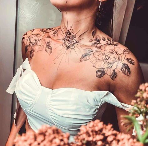 Chest Tattoo Flowers, Flower Tattoo On Shoulder, Chest Neck Tattoo, Women's Shoulder Tattoo, Tattoo On Shoulder, Throat Tattoo, Neck Tattoos Women, Back Of Neck Tattoo, Back Of Shoulder Tattoo