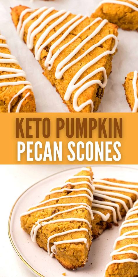 These tender keto scones have all the pumpkin spice flavor you crave with a fraction of the carbs! Perfect for munching with a cup of coffee. #pumpkinrecipes #lowcarbrecipes Pecan Scones, Pumpkin Scones Recipe, Galletas Keto, Pumpkin Scones, Keto Pumpkin, Almond Flour Recipes, Low Carb Sweets, Pumpkin Pecan, Low Carb Bread