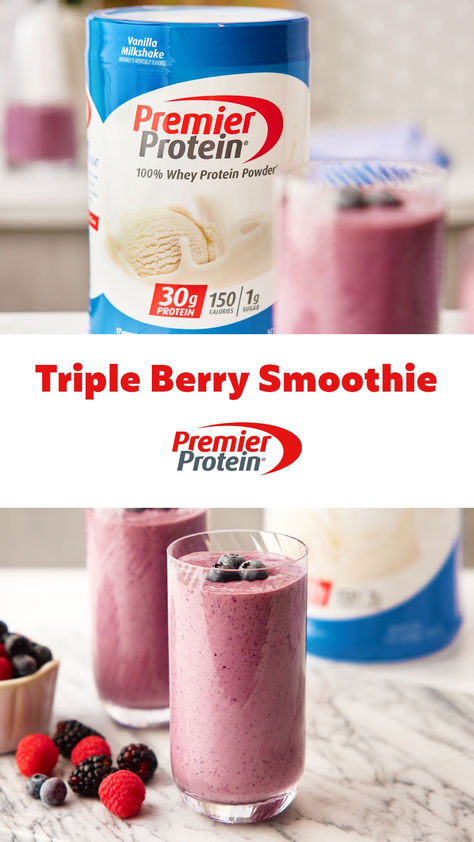 Premier Protein Powder, Premier Protein Recipes, Triple Berry Smoothie, Protein Drink Recipes, Protein Ideas, Premier Protein Shakes, Food To Gain Muscle, Fruit Smoothie Recipes Healthy, Protein Smoothies