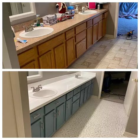 My $150 DIY Bathroom Makeover - Imgur 90s Bathroom Vanity Makeover, Before And After Bathroom Vanity, Adding A Bathroom To A Bedroom, 1980s Bathroom Makeover, 2000s Bathroom Update, Old Bathroom Vanity Makeover, Pedestal Sink Makeover, Double Wide Bathroom Remodel, 90s Bathroom Update