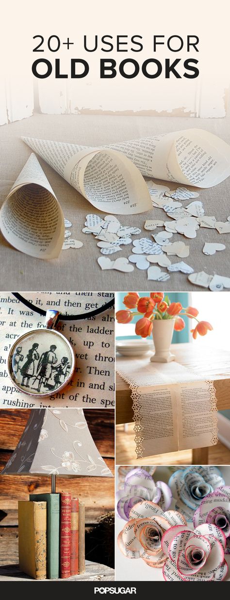 If you're a die-hard bookworm, then you probably cringe at the idea of throwing away old books — even if your bookshelf has reached maximum capacity. Here's a solution: upcycle them into things you want to keep around the house, like jewelry, furniture, and decor. You'll still get to keep your treasured book and make good use of it while you're at it. Read on for 21 suggestions on what you can do with your old books. Diy Buch, Old Book Crafts, Recycled Books, Folding Origami, Book Page Crafts, Diy Bricolage, Book Folding, Book Projects, Diy Book