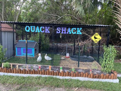 Duck pen with garden in front Trash Can Chicken Waterer, Mess Free Duck Pen, Diy Duck Enclosure, Duck Enclosure Ideas, Duck Coop Ideas, Duck House Diy, Quack Shack, Duck Enclosure, Duck House Plans