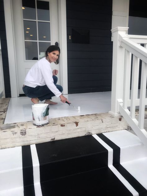 Painted Concrete: Behr anti-slip vs. low lustre - Berry Berry Quite Contrary Cement Porch, Painted Porch Floors, Painted Porch, Paint Concrete Patio, White Porch, Front Porch Makeover, Porch Paint, Painted Concrete, Painted Front Porches