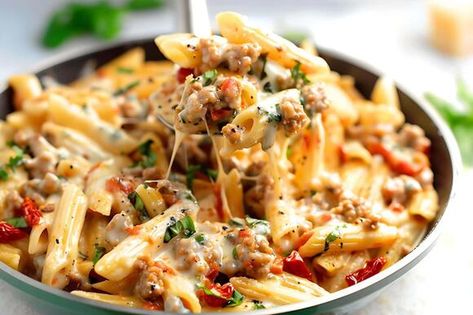 Creamy Tuscan Sausage Pasta, Tuscan Sausage Pasta, Fried Ribs, Tuscan Sausage, Sausage Pasta Recipe, Rich Banana Bread, Lemon Loaf Recipe, Homemade Peanut Butter Cookies, Spinach Alfredo