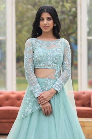 Shop for House of Tushaom Green Organza Embroidered Blouse Lehenga Set for Women Online at Aza Fashions Full Sleeves Blouse Designs, Potli Button, Cutdana Embroidery, Cancan Lehenga, Mint Green Blouses, Blouse Lehenga, Organza Embroidery, Full Sleeve Blouse, Lehenga Blouse Designs