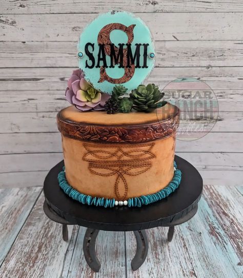 Happy 16th Birthday @azroper22 🤎🤎 #sugarranch #cake #cakedecorating #western #bootstitch #turquoise #leather #cowgirl #cowboy #rodeo #arizona Western 18th Birthday Party, Country Birthday Cakes, Western Birthday Cakes, Cowgirl Birthday Cakes, Cowgirl Cake, Delish Cakes, Stitch Cake, Country Birthday, Western Birthday