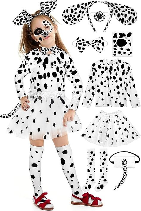 AOTHSO 8 Pieces Halloween Girls Dalmatian Costume Set with Dog Headband Accessories Long Sleeves Tutu Skirt for Kids Dress Up Dalmatian Dog Costume, Dog Costumes For Kids, Dog Headband, Skirt For Kids, Dalmatian Costume, Headband Accessories, Kids Dress Up, Skirts For Kids, Fantasias Halloween