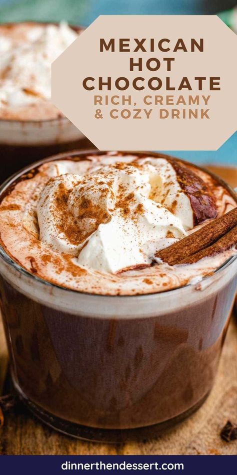 This Mexican Hot Chocolate recipe is a comforting drink with rich chocolate flavor, creamy texture, warm cinnamon flavor, and a bit of heat. Horchata Hot Chocolate, Mexican Hot Chocolate Recipe Abuelita Crock Pot, Crockpot Mexican Hot Chocolate Recipe, Pero Drink Recipes, Homemade Mexican Hot Chocolate, Hot Chocolate Flavor Ideas, Hot Drinks No Caffeine, Authentic Mexican Hot Chocolate, Mexican Hot Chocolate Crockpot