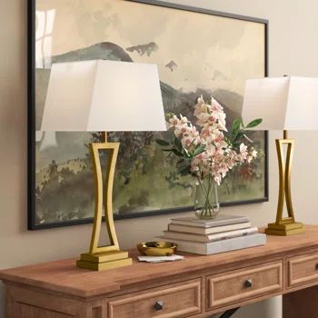 Three Posts™ 30.75" Table Lamp Set | Wayfair Decorating A Buffet Table, Concrete Table Lamp, Lobby Decor, Transitional Table Lamps, Plain Curtains, Concrete Table, Gold Lamp, Table Metal, Lamp Set