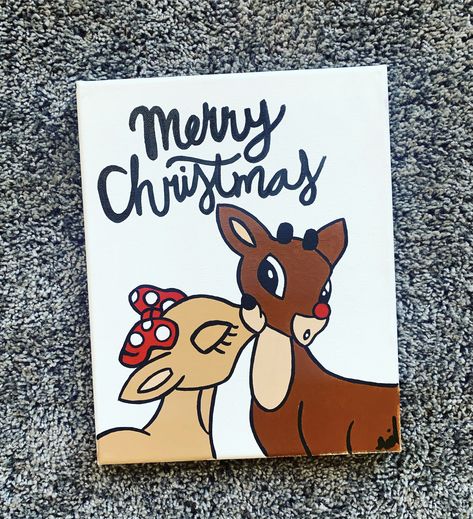 Funny Christmas Painting Ideas, Christmas Paintings Reindeer, Rudolph Painting Canvas, Christmas Paintings For Boyfriend, X Mas Painting Ideas, Merry Christmas Art Painting, Christmas Canvas Art Ideas, Rudolph The Red Nosed Reindeer Painting, Christmas Drawing Ideas Easy Canvas Paintings