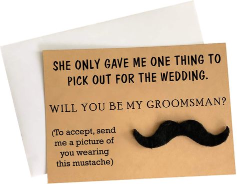 PRICES MAY VARY. ★ SKIP THE AWKWARDNESS: A fun & classy way to ask your groomsmen to be part of your wedding while flaunting your sense of humor. ★ GO THE EXTRA MILE: Sure, you can just phone your guys, but a unique proposal idea make the moment photo-worthy and say "thanks" in advance for every gentleman's support. ★ YES PUN-INTENDED: Tell them you "mustache" them a question: Will they be your groomsmen? This funny card challenges them to accept the role by sending the groom a pic of them weari Groomsmen Proposal Cards, Groomsmen Cards, Asking Groomsmen, Groomsmen Boxes, Mustache Theme, Groomsman Proposal Box, Unique Proposals, Groomsmen Proposal Gifts, Groomsmen Looks