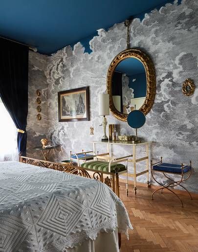 In the bedroom where Barnaba’s parents used to sleep, the Nuvole (Cloud) wallpaper is by Fornasetti for Cole & Son, and the giltwood mirror is 18th-century Italian. Art Deco Bedrooms, Green Bedroom Walls, Dark Blue Bedrooms, Monochrome Bedroom, Silver Bedroom, Art Deco Bedroom, Deco Bedroom, Bed Design Modern, Cloud Wallpaper