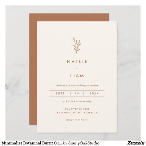 Minimalist Botanical Burnt Orange Wedding Invitati Invitation Rusty Orange Wedding Invitations, Classy Fall Wedding Invitations, Minimal Boho Wedding Invitations, Fall Themed Invitations, Wedding Invite Autumn, Simple Fall Wedding Invitations, Wedding Invite Minimalist, Wedding Invitations Ideas Simple, Simplistic Wedding Invitations