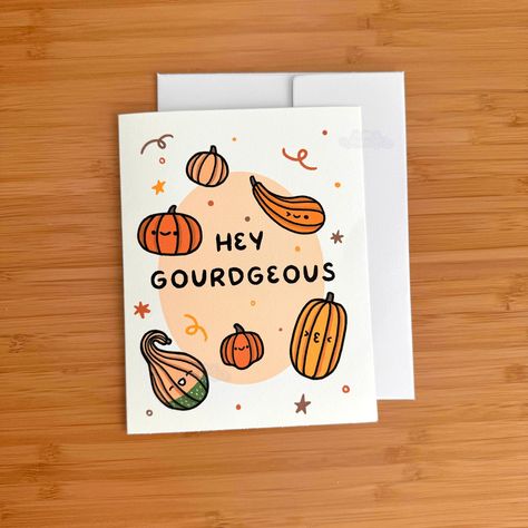 Hey Gordgeous! This punny greeting card is perfect for the fall season. Share this card with friends or loved ones and let them know you're thinking of them! ☆ Material: Matte paper ☆ Size: A2 portrait card (4.25 x 5.5 in.), blank inside ☆ Back of card features Tiramaesu brand and brief info about it ☆ Comes with a matching envelope Color on screens may vary due to lighting and different monitor color profiles. Pun Cards, Card Inspo, Pun Card, Thanks Giving, Mini Drawings, Thanksgiving Cards, Color Profile, Sticky Notes, Fall Season