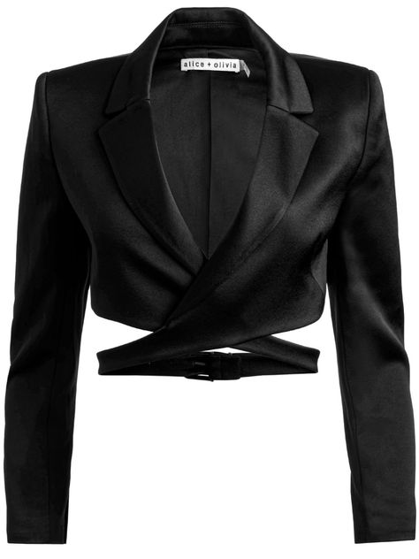 black wrap design satin finish notched lapels V-neck buckle fastening long sleeves cropped Corset Blazer, Wrap Blazer, Blazer Pattern, Satin Blazer, Crop Blazer, Black Wrap, Suit Style, Cropped Blazer, Long Sleeve Crop