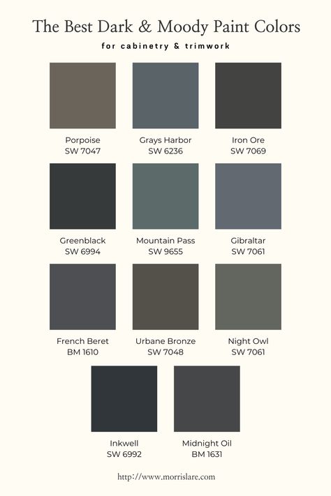 Dark Wall White Cabinets, Trim For Dark Walls, Dark Wall Dark Trim, Best Dark Cabinet Paint Colors, Dark Color Cabinets Kitchen, Dark Island Paint Colors, Dark Interior Colors, Light Cabinets Dark Walls, Valspar Moody Paint Colors