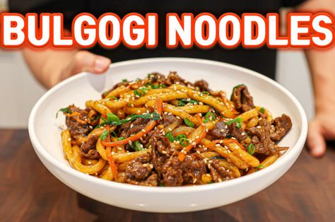 Bulgogi Noodles<br>(Bulgogi Beef Udon Stir Fry) Bulgogi Noodles, Beef Udon Stir Fry, Cabin Meals, Spicy Korean Food, Asian Entrees, Korean Appetizers, Beef Udon, Udon Recipe, Pork Noodles