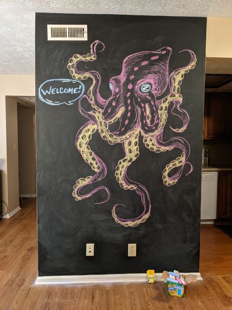 Under The Sea Chalkboard Art, Octopus Chalk Art, Ocean Chalkboard Art, Chalk Wall Mural, Chalk Mural Ideas, Things To Draw On A Chalkboard, Chalkboard Wall Art Ideas, Chalkboard Wall Design Ideas, Chalkboard Drawing Ideas