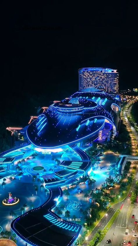 Chimelong Ocean Kingdom's night view, Located in Zhuhai, Guangdong province, China #chinatravel #chinatown | Instagram Aquarium Architecture, Sci Fi Environment, Zhuhai, Air Fighter, التصميم الخارجي للمنزل, Ocean Park, Night View, Dream Travel Destinations, City Views