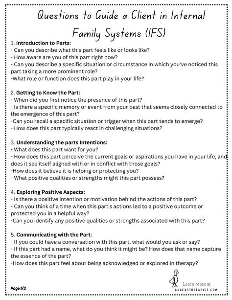 Questions to ask in IFS Therapy to understand ‘parts’ of ourselves. — A Ducks Therapist Questions To Ask As A Therapist, Ifs Therapy Parts, Ifs Parts Mapping, Parts Work Therapy, Ifs Parts, Career Manifestation, Ifs Therapy, Therapy Skills, Therapeutic Interventions